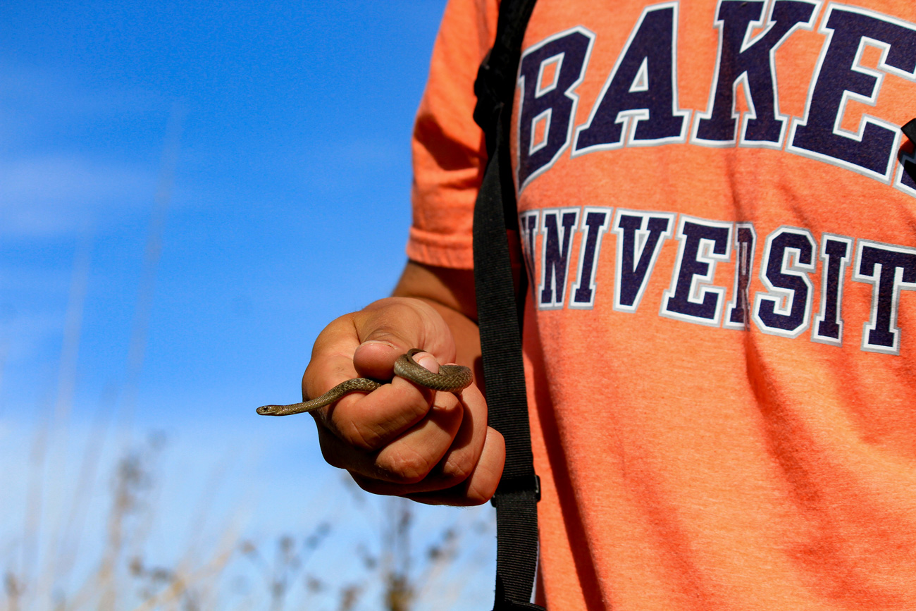 Student holding a small snake