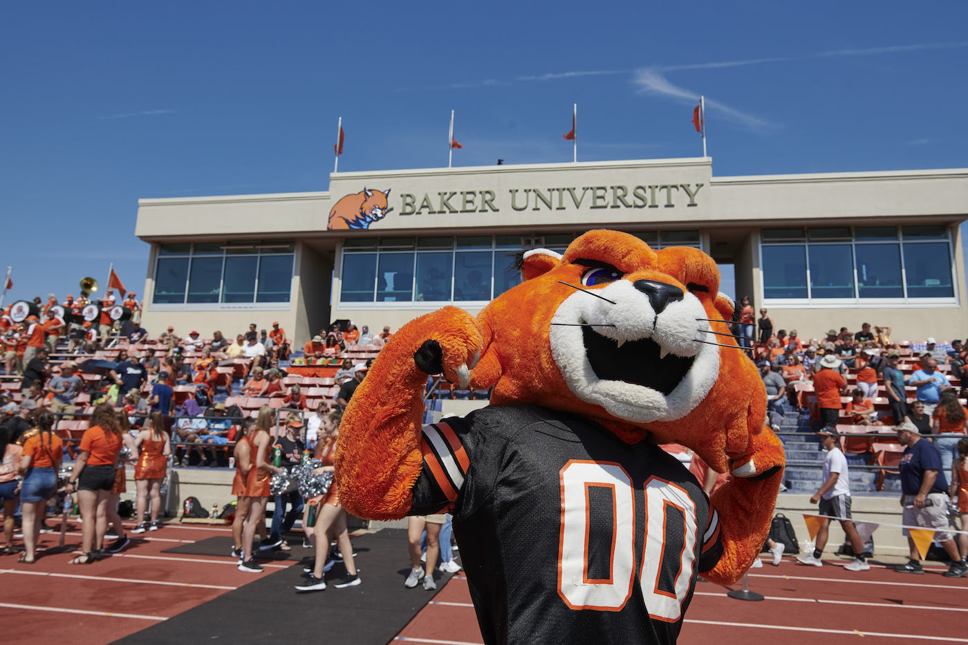 Wowzer the wildcat in front of stands filled with fans at home football game