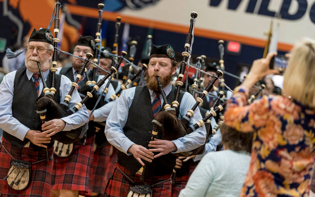 Bagpipe players at graduation ceremony