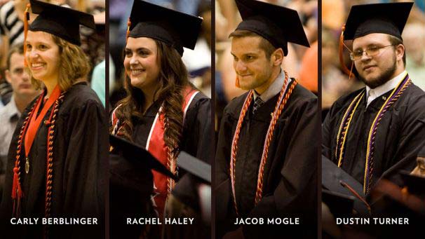 Headshots of four outstanding graduating seniors at commencement