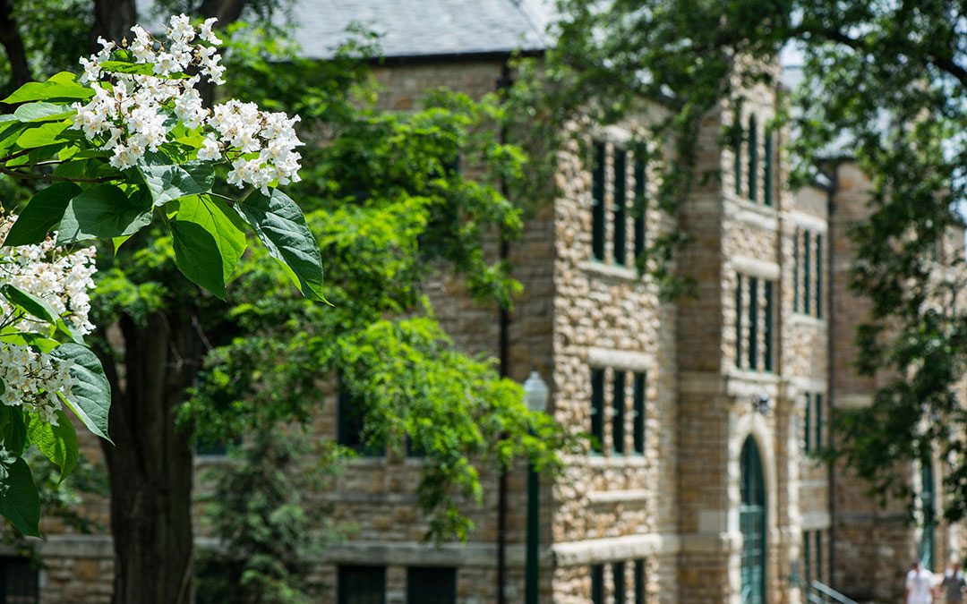 Mabee Hall and green trees