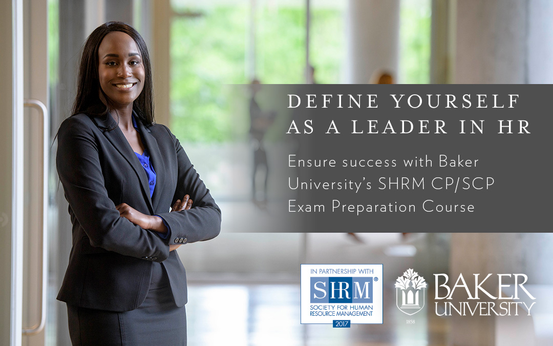 Businesswoman standing with text saying "Define yourself as a leader in human resources."