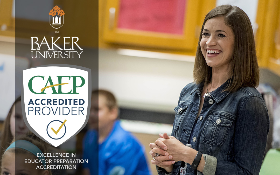 CAEP Accredited Provider logo with educator smiling in the classroom