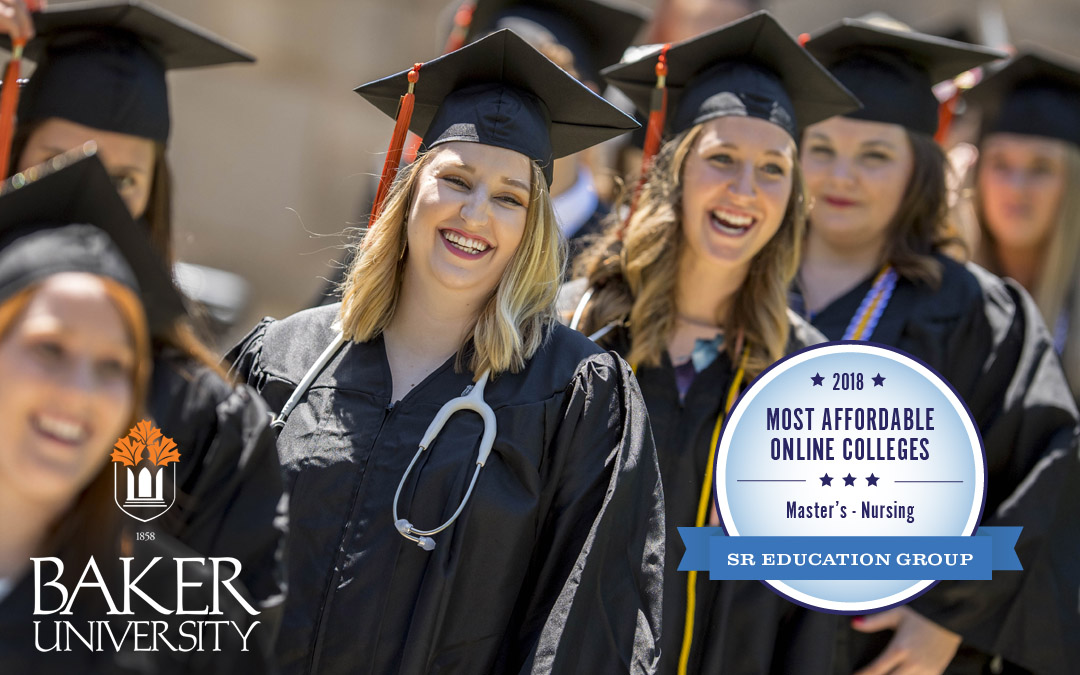 2018 most affordable online colleges masters of nursing badge on photo of graduates at commencement