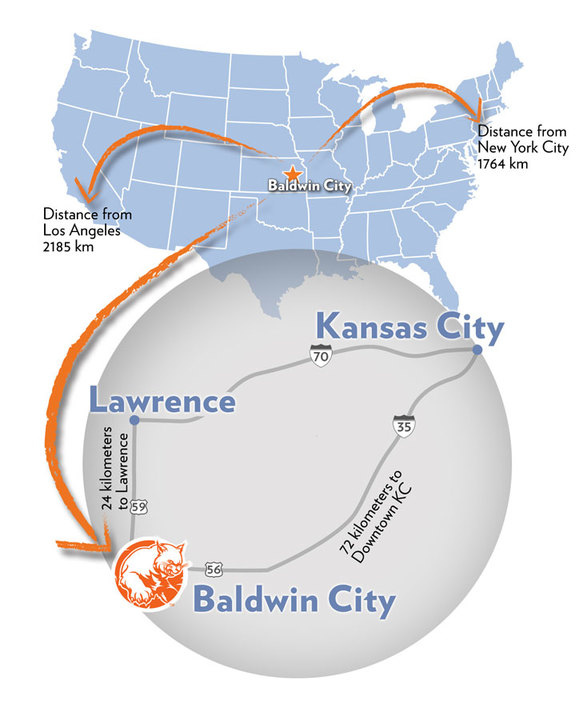 Map showing the location of Baldwin City, Kansas and its distance from Lawrence (24 kilometers), Kansas City (74 kilometers), Los Angeles (2185 kilometers) and New York City (1764 kilometers)