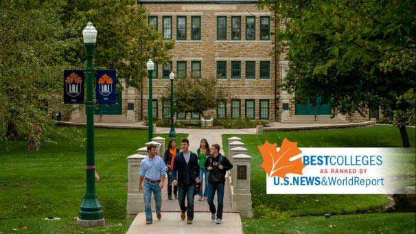 U.S. News & World Report Best Colleges graphic with students walking on campus