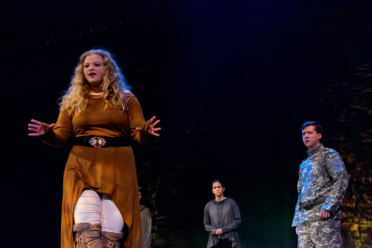 Kristina Taylor acting on the set in Rice Auditorium