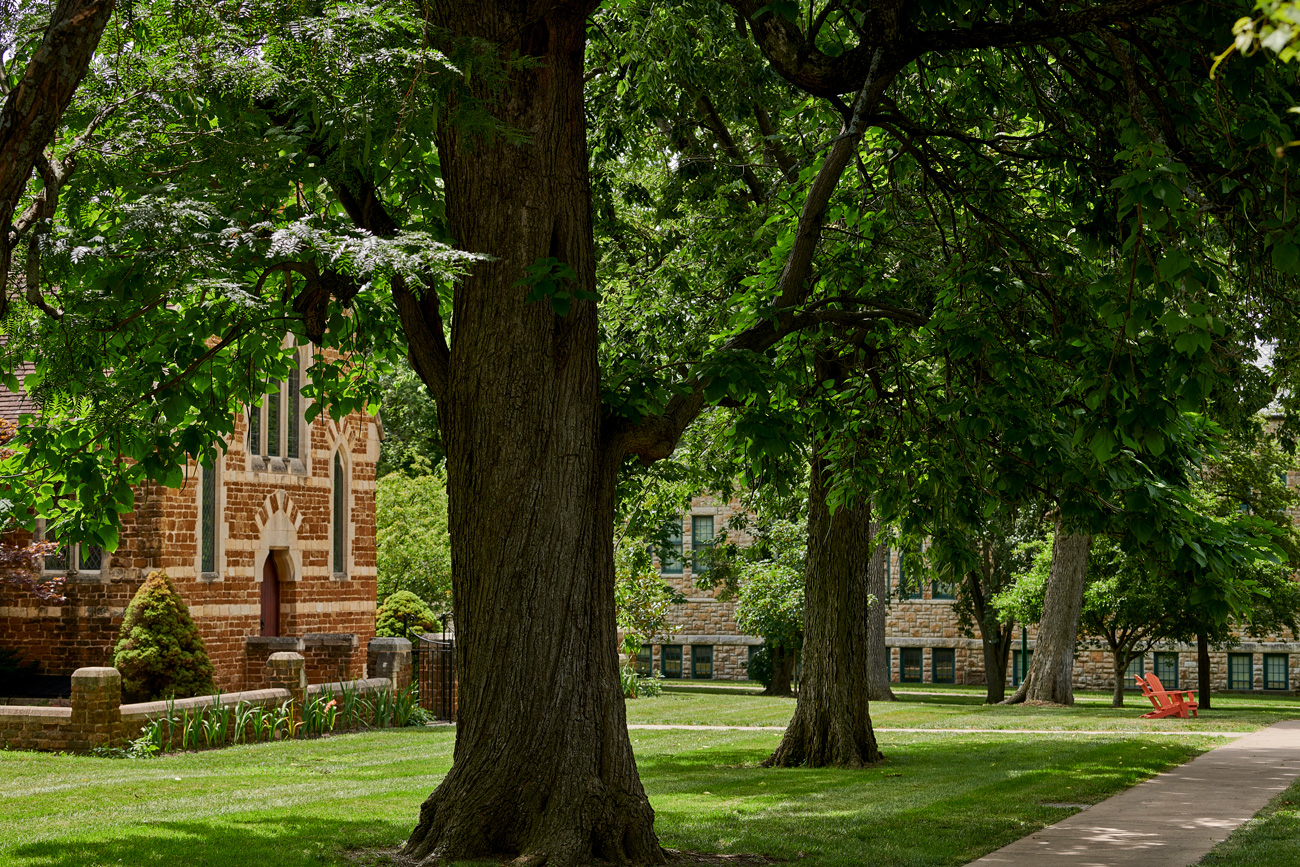 Campus beauty shot of the chapel with trees