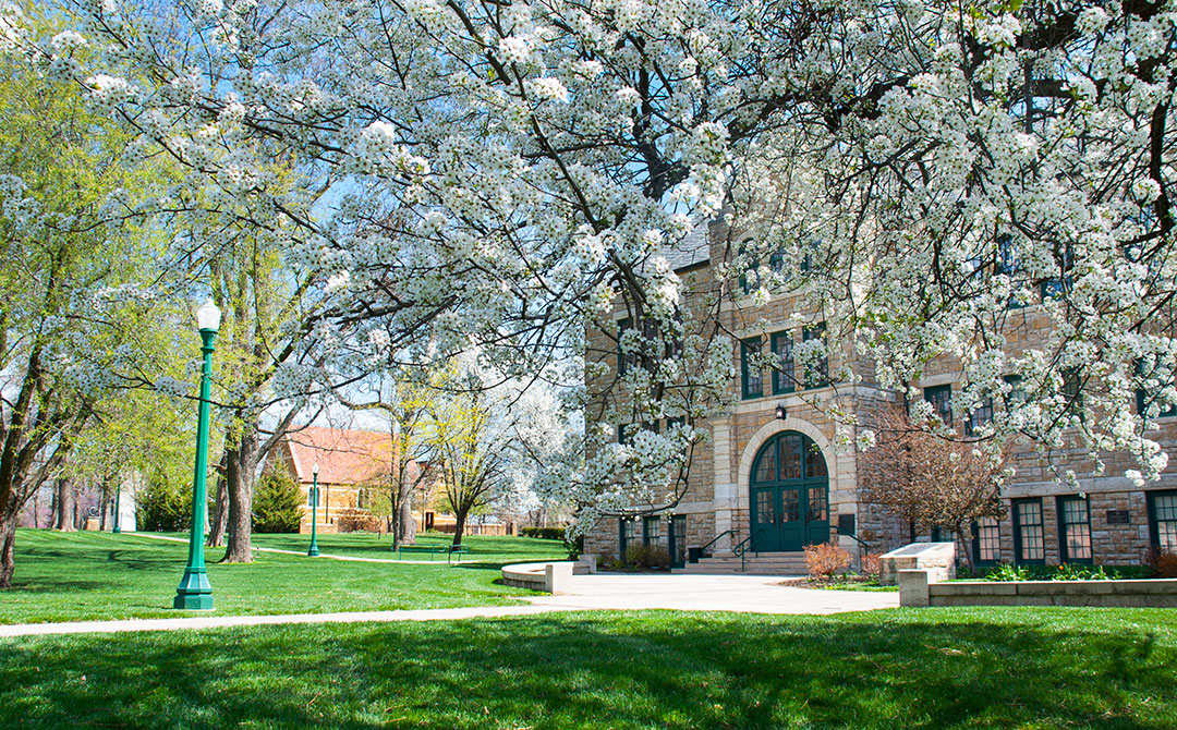 Photo of Mabee hall with blooming tree in front