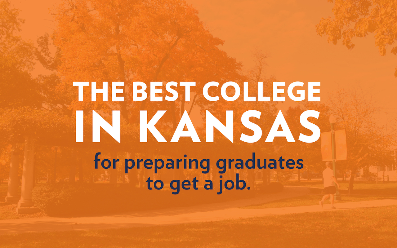 Image of Baker University's campus with an orange tint. "The best college in Kansas for preparing graduates to get a job" written in text over the image.