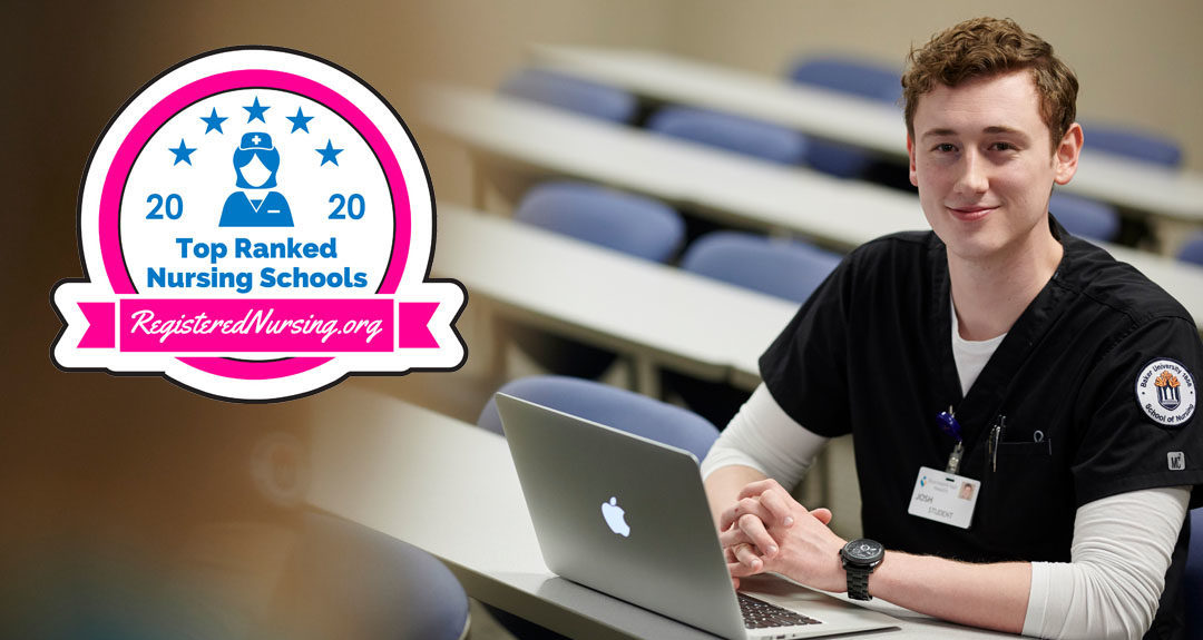 Nursing student smiling at camera with 2020 top ranked nursing schools badge