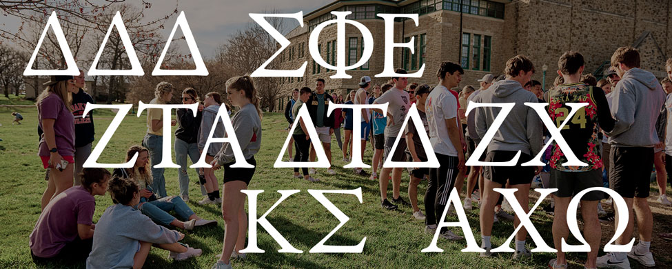 Baker students and Greek letters representing the houses on campus.
