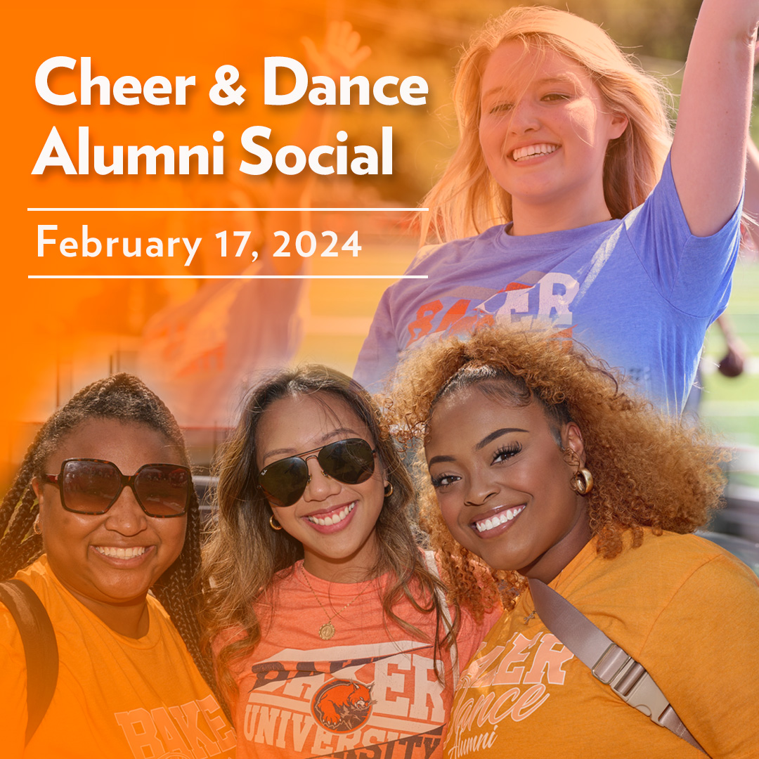 graphic of Baker alumni with Cheer & Dance alumni social Feb. 17, 2024 text