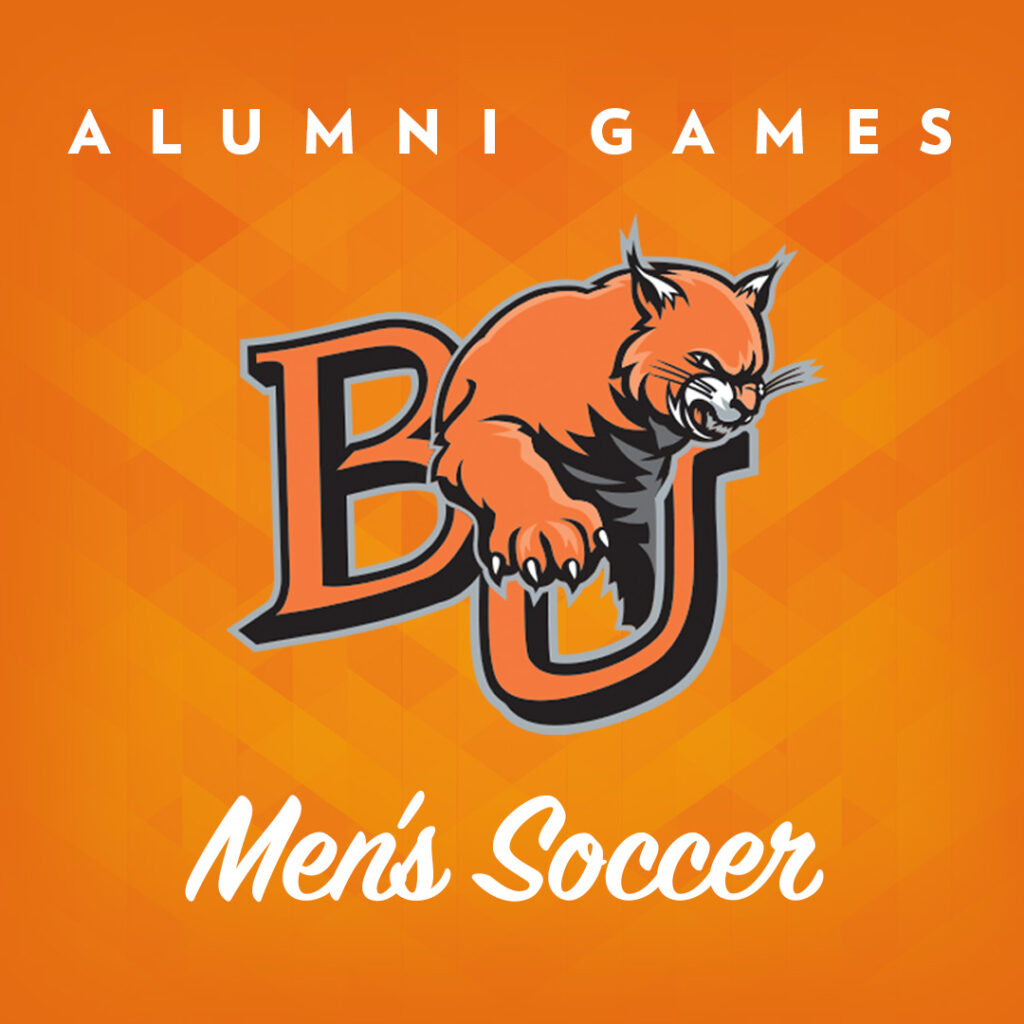 Alumni game poster with BU wildcat and men's soccer text at bottom