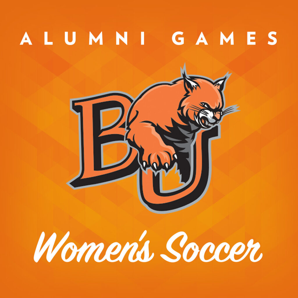Alumni game poster with BU wildcat and women's soccer text at bottom