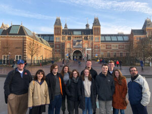 Students in front of parliament building in Amsterdam