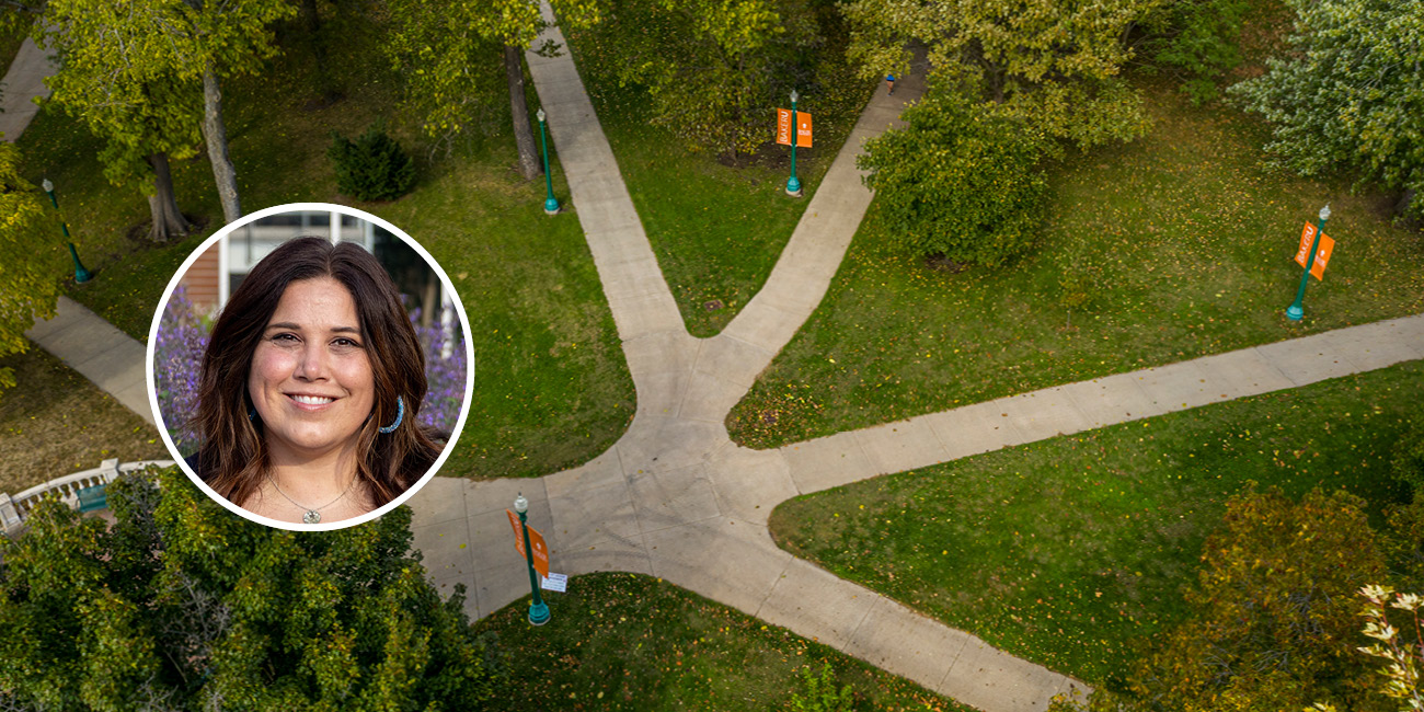 Head shot of Deanna Wagner on top a drone photo of campus.