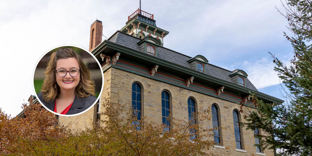 Patterson head shot on top of photo of Parmenter Hall